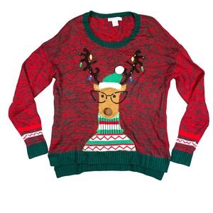 99 Jane Street Red Reindeer Bells Long Sleeve Christmas Knit Sweater Women Sz L